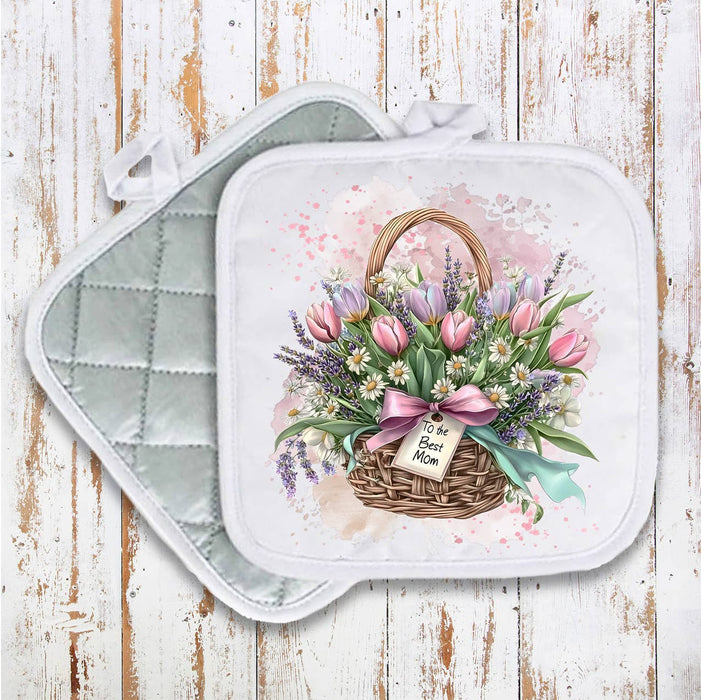 Mother's Day Basket Tulips Flowers Pot Holder Oven Mitt