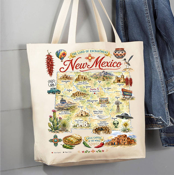 New Mexico State Map Landmark Canvas Tote Bag