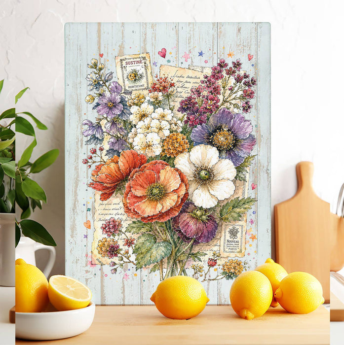 Vintage Watercolor Flowers Glass Cutting Board