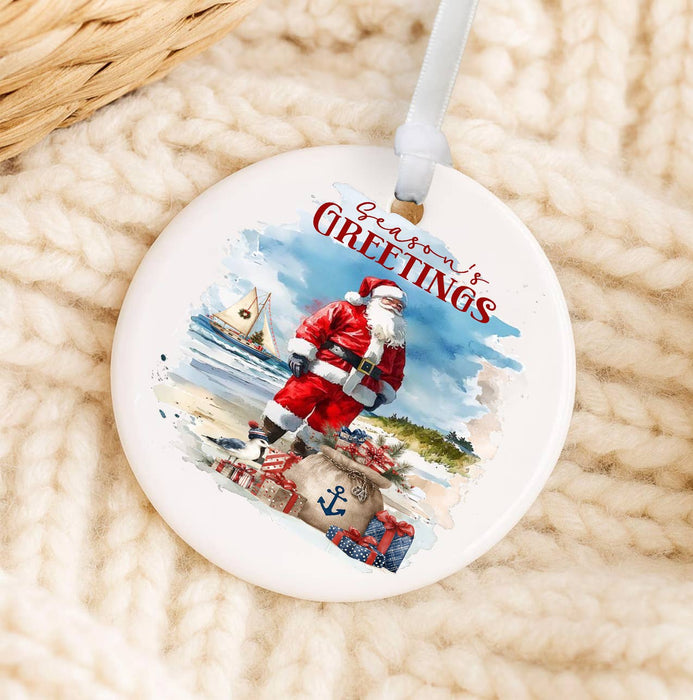 Coastal Christmas Santa on beach Ornament