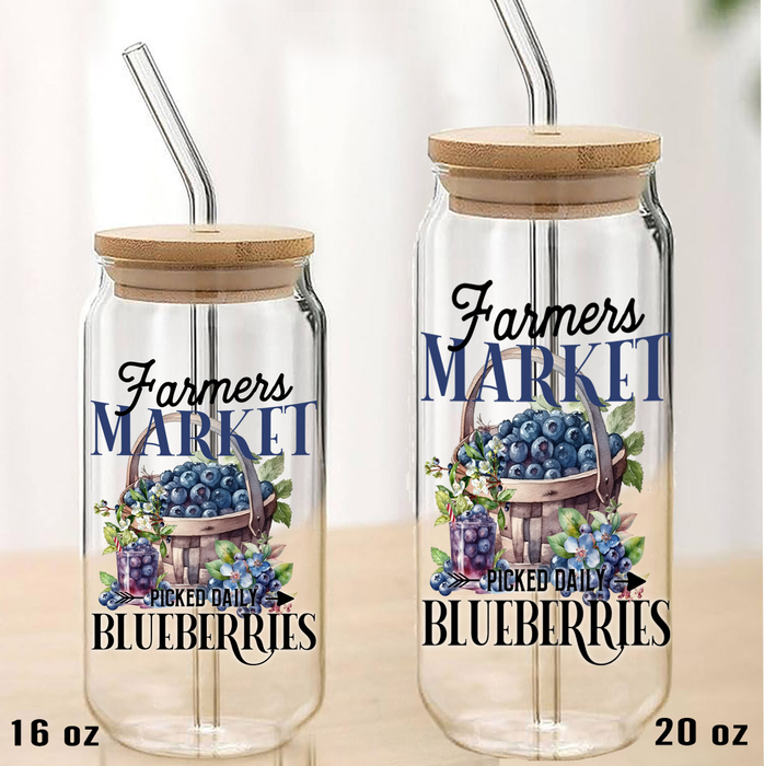 Farm Fresh Blueberries  Can Glass with Lid Straw