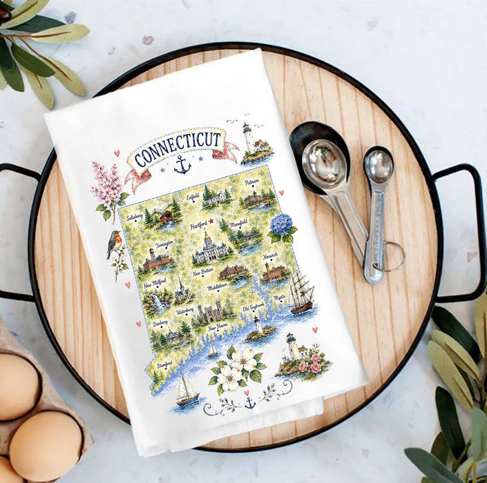 Connecticut State Map Landmark Tea Towel
