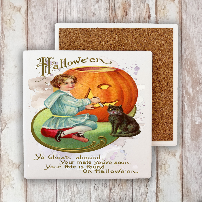 Halloween Vintage Pumpkin Black Cat Stone Coaster