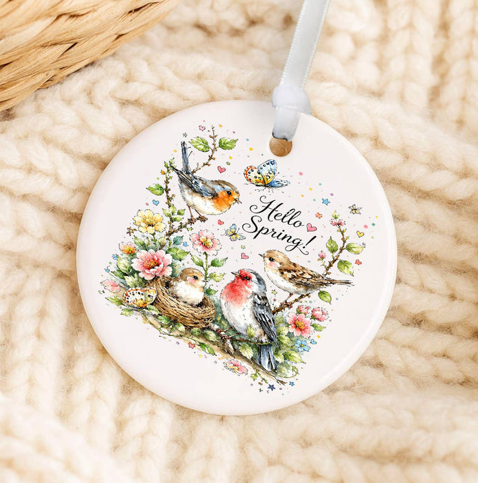 Hello Spring Flowers Birds Ornament