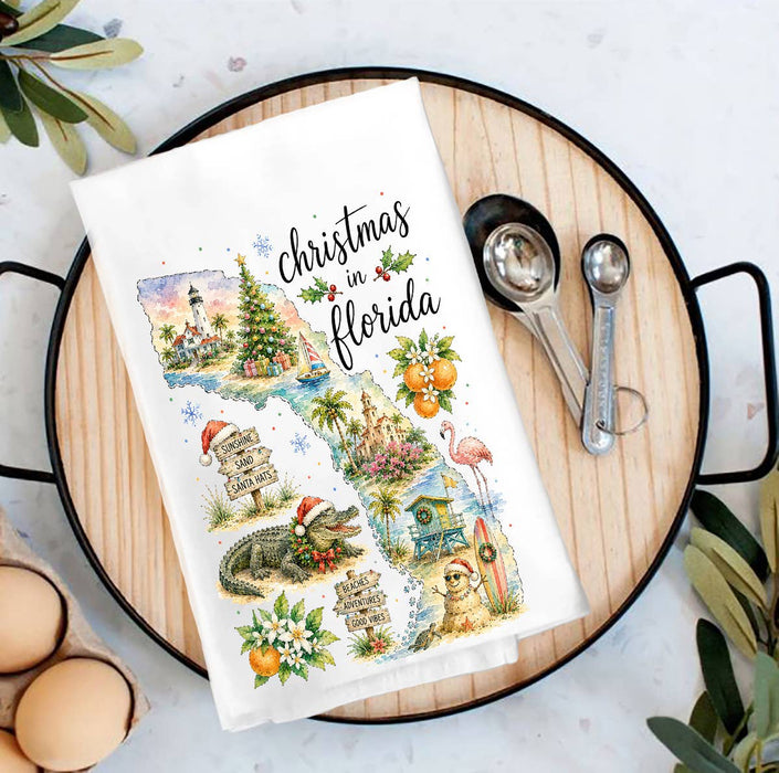 Christmas in Florida State Map Tea Towel