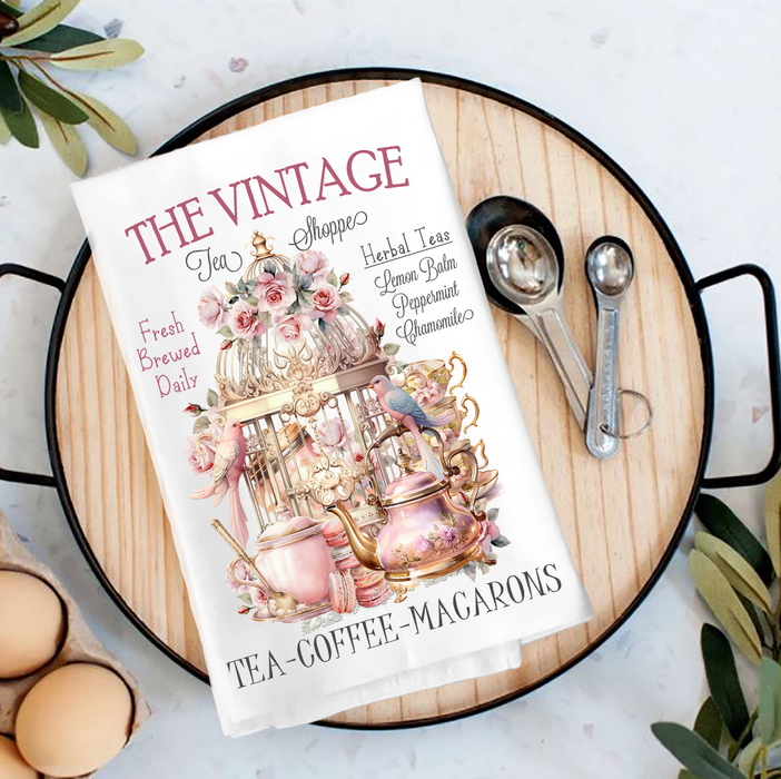 Pink Vintage Tea Shoppe Birds Tea Towel