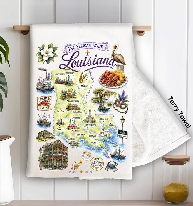 Louisiana State Map Landmark Kitchen Terry Towel