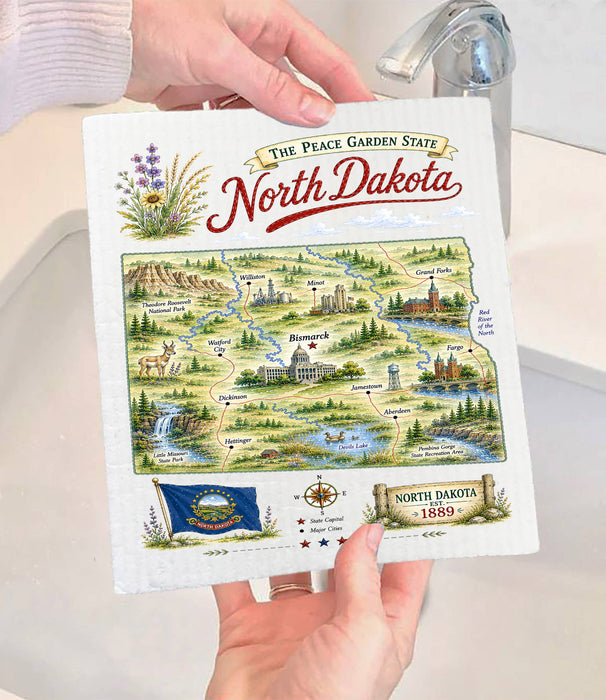 North Dakota State Map Landmark Swedish Dishcloth
