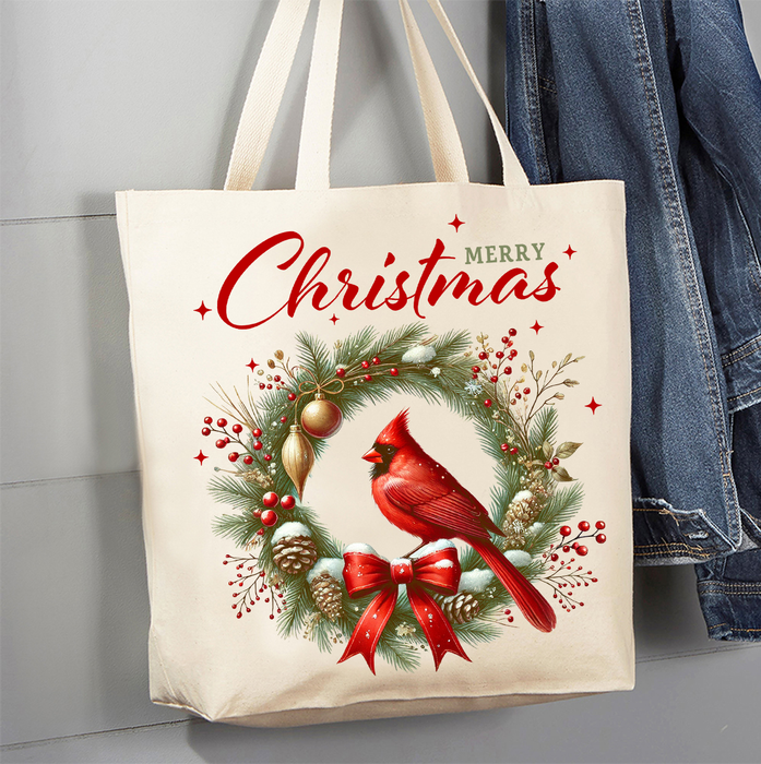 Merry Christmas Wreath Cardinal Bird Canvas Tote Bag