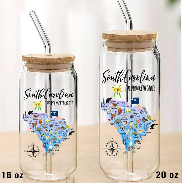 South Carolina State Map Can Glass with Lid and Straw