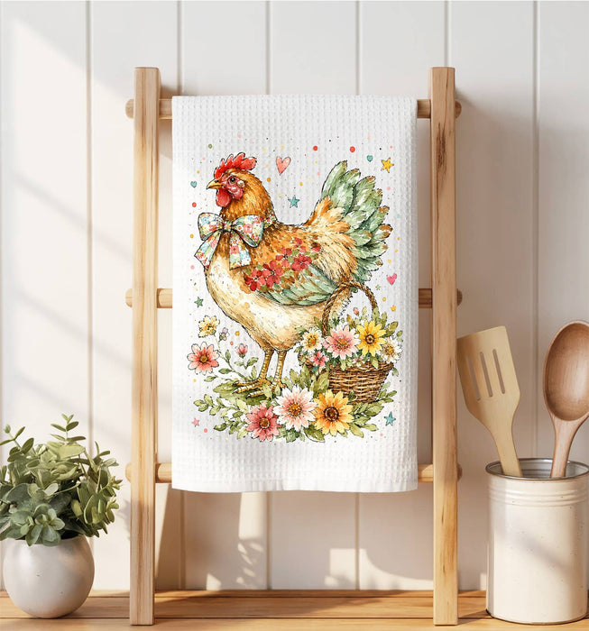 Watercolor Country Hen Flowers Waffle Weave Towel