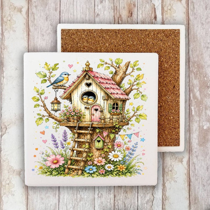 Spring Birds in Birdhouse Flowers Stone Coaster