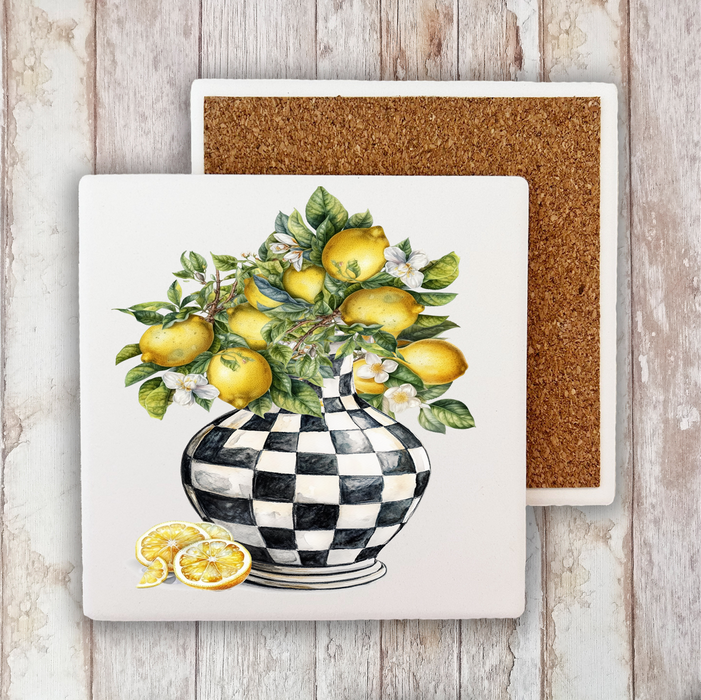 Checkered Vase with Lemons Stone Coaster