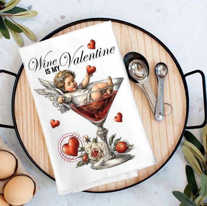 Wine is My Valentine Cupid Tea Towel