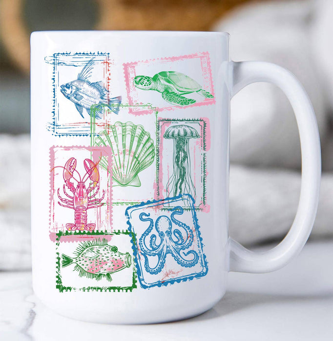 Coastal Beach Collage of Stamps Coffee Mug