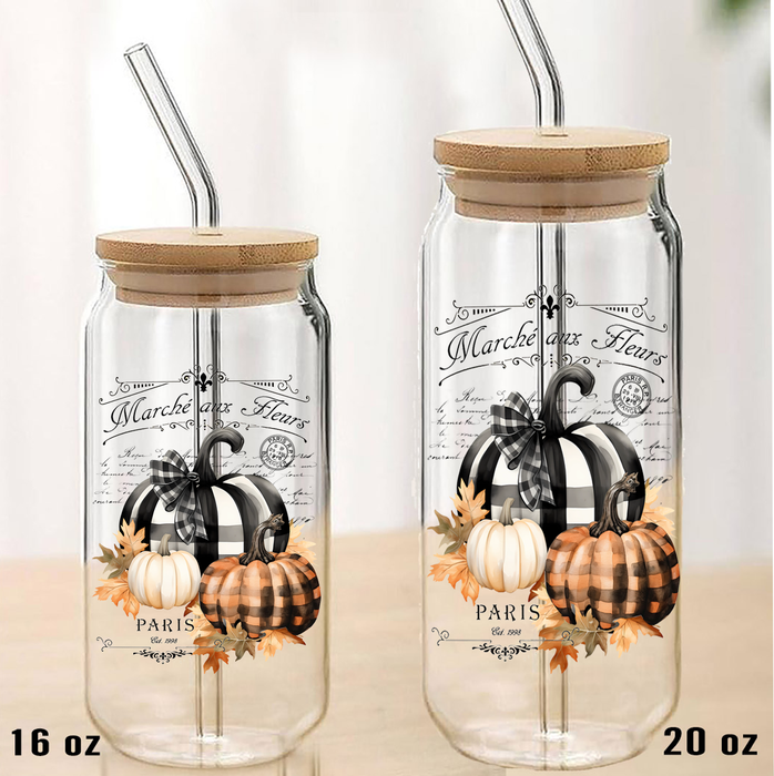 Fall French Black white Pumpkins Can Glass with Lid Straw