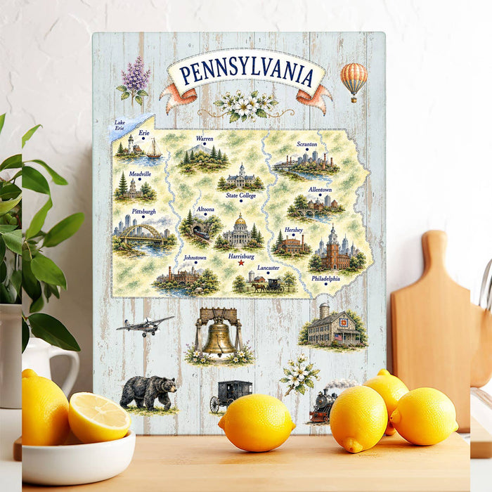 Pennsylvania State Map Landmark Glass Cutting Board