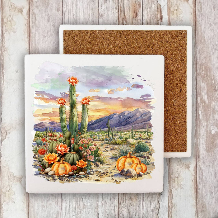 Fall Pumpkin Saratoga Cactus Desert  Stone Coaster