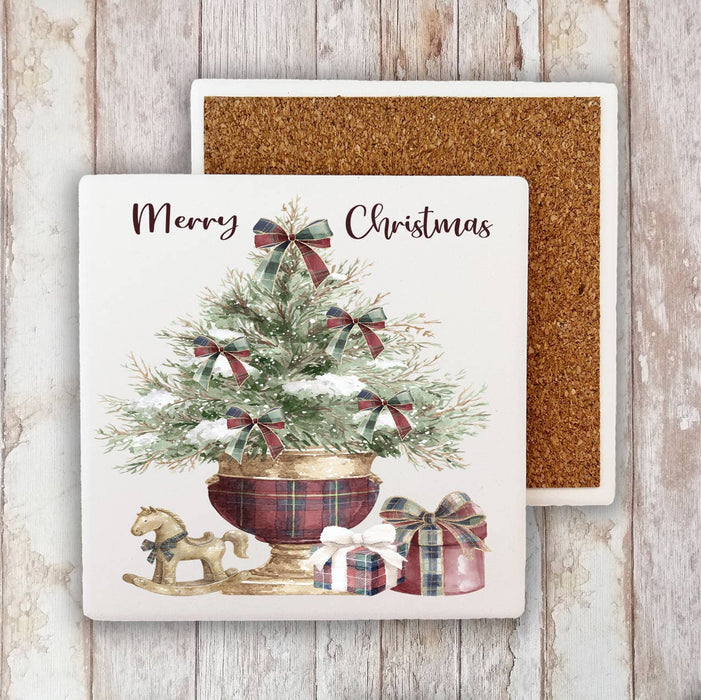 Christmas Tree Burgundy Velvet Stone Coaster