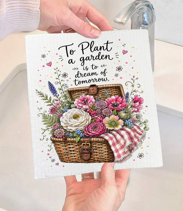 Plant a garden Flowers in basket Swedish Dishcloth