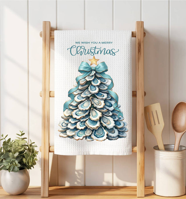 Coastal Christmas Oyster Tree Waffle Weave Towel