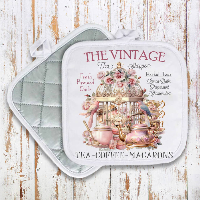 Pink Vintage Tea Shoppe Birds Pot Holder Oven Mitt