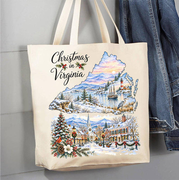 Christmas in Virginia State Map Canvas Tote Bag