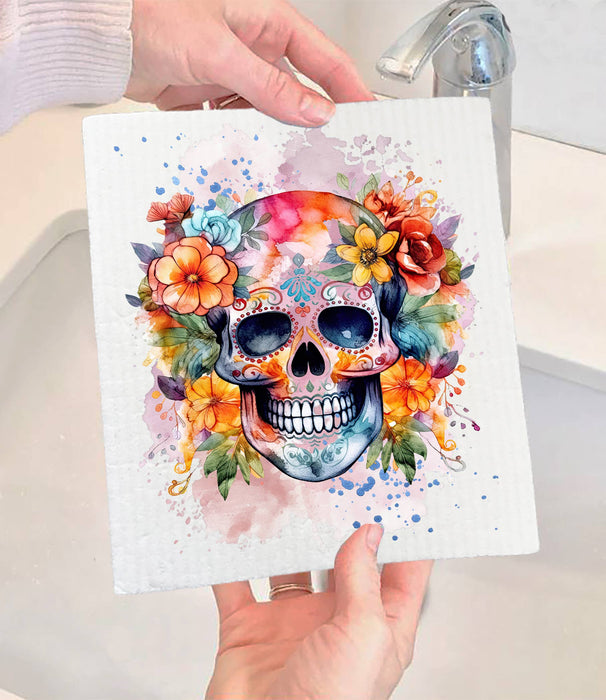 Day of the Dead Colorful Sugar Skull Swedish Dishcloth