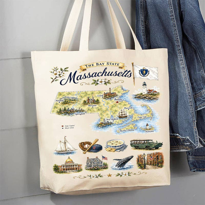 Massachusetts State Map Landmark Canvas Tote Bag