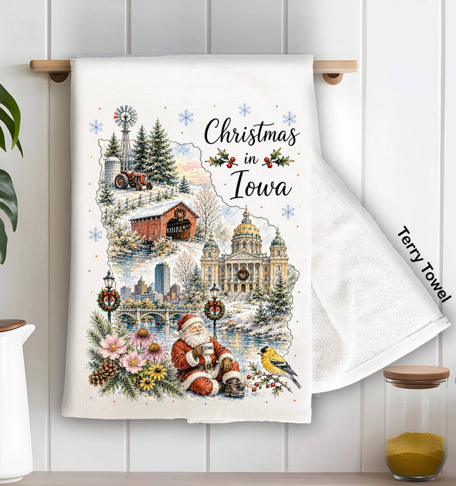 Christmas in Iowa State Map Kitchen Terry Towel