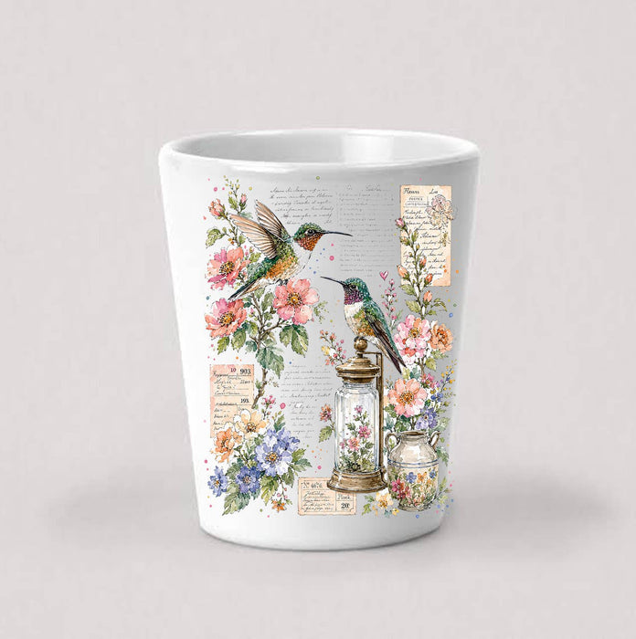 Vintage Flowers Hummingbirds Shot Glass