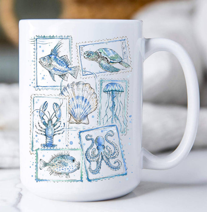 Coastal Blue Ocean Vintage Stamps Coffee Mug