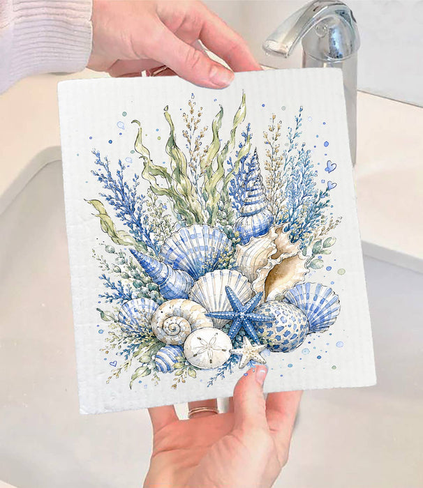 Coastal Blue Sea Shells Bouquet Swedish Dishcloth