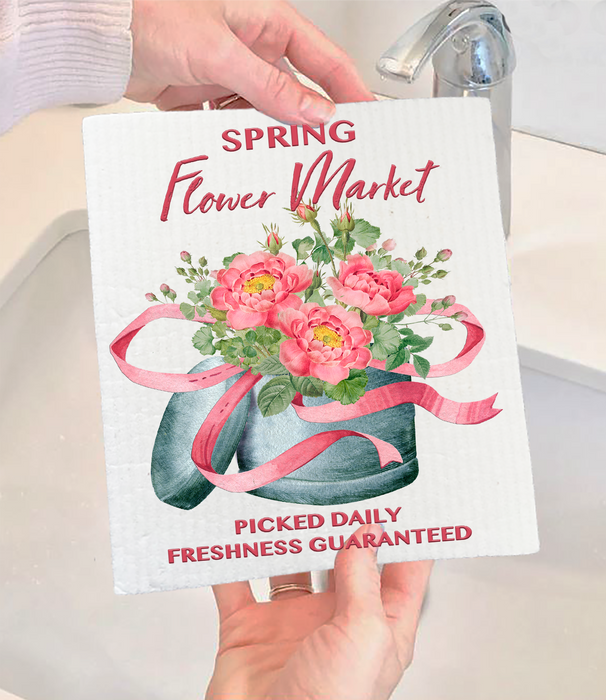 Pink Spring Flowers Swedish Dishcloth