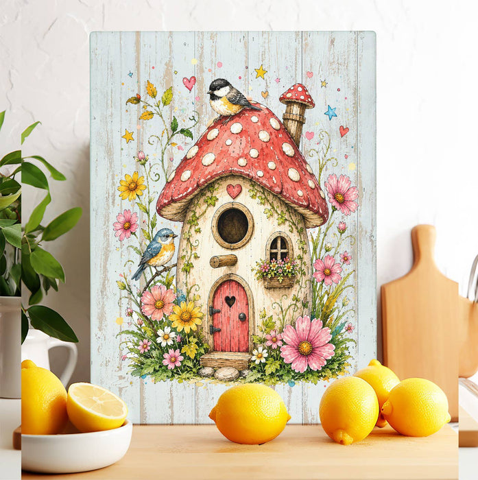 Mushroom Birdhouse Flowers Glass Cutting Board
