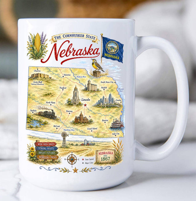 Nebraska State Map Landmark Coffee Mug