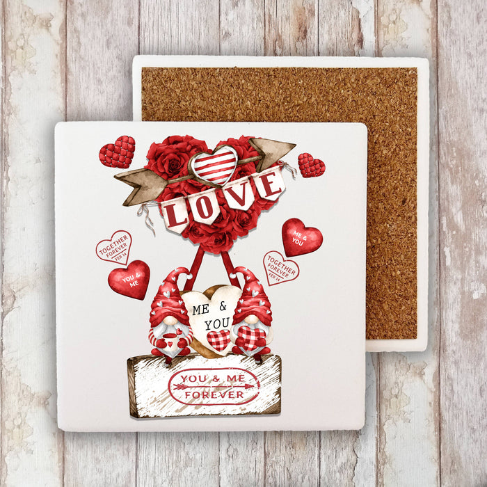 Valentine Gnome Red Roses  Stone Coaster