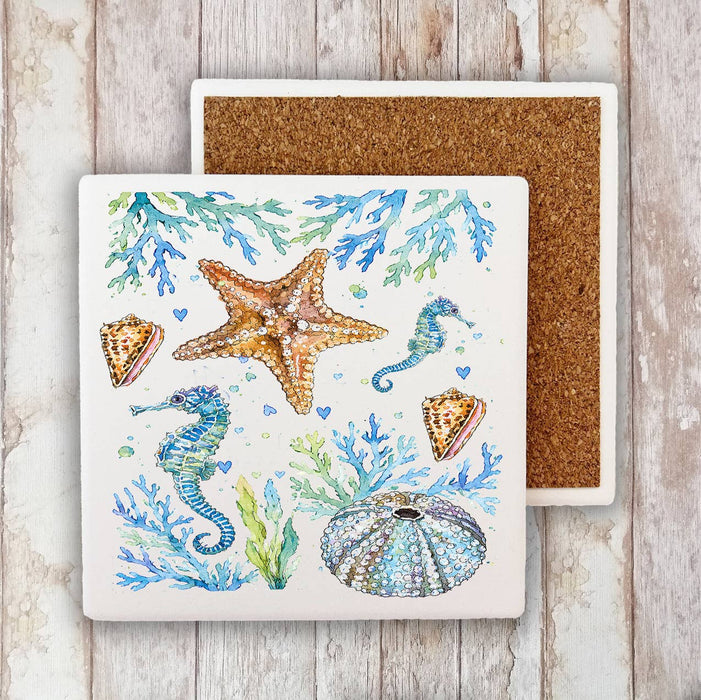 Coastal Blue Starfish Sea Horse Ocean Stone Coaster