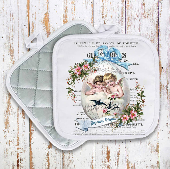 Vintage French Happy Easter Egg Pot Holder Oven Mitt