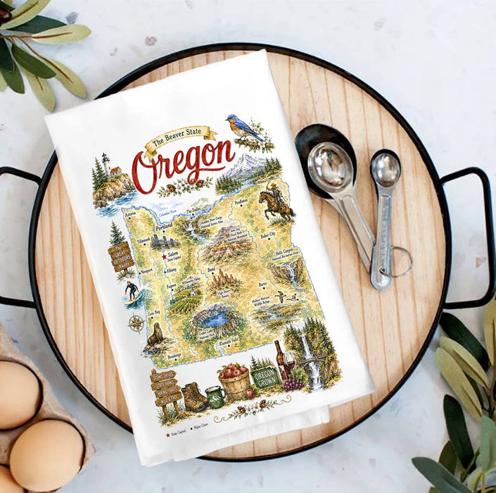 Oregon State Map Landmark Tea Towel