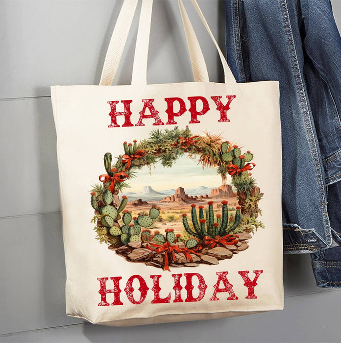 Christmas Cactus Happy Holiday Canvas Tote Bag