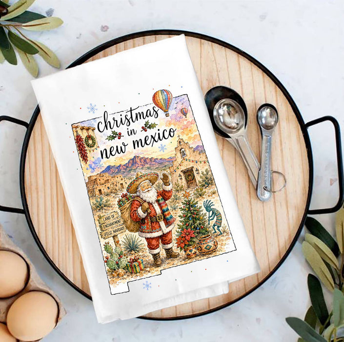 Christmas in New Mexico State Map Tea Towel