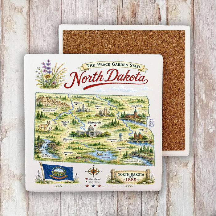 North Dakota State Map Landmark Stone Coaster