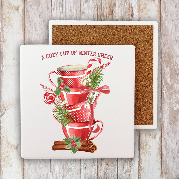 Christmas Tea Cups Winter Cheer Stone Coaster