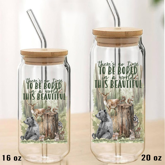 Woodland Animals A world of beauty Can Glass with Lid Straw