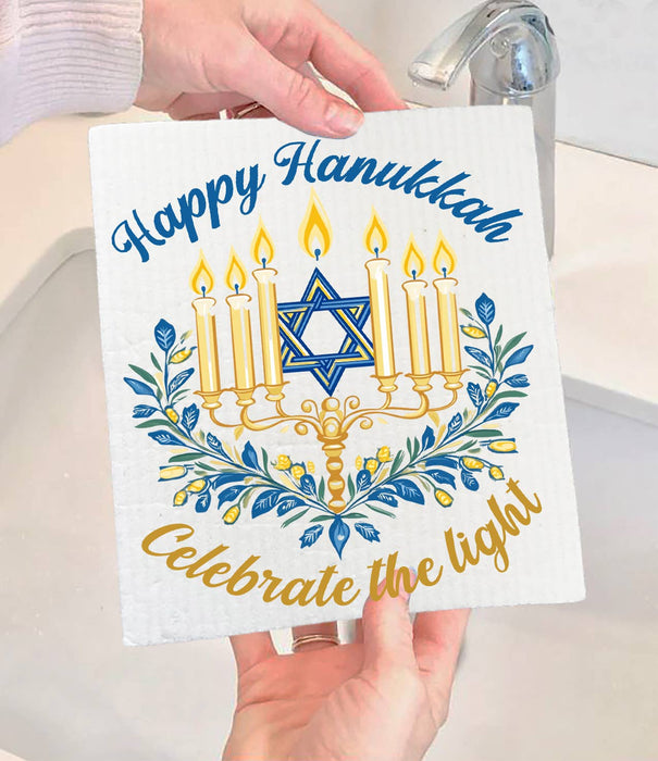 Happy Hanukkah Menorah Star Swedish Dishcloth