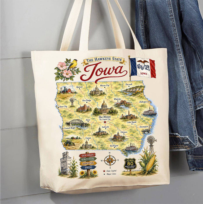 Iowa State Map Landmark Canvas Tote Bag