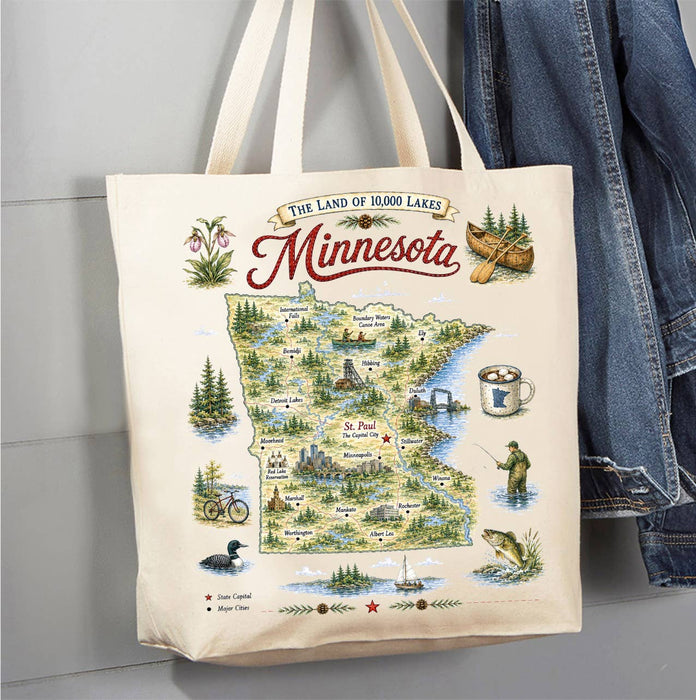 Minnesota State Map Landmark Canvas Tote Bag