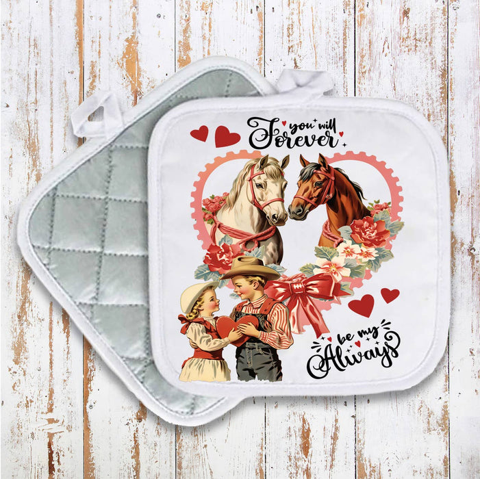 Vintage Western Horses Valentine Pot Holder Oven Mitt