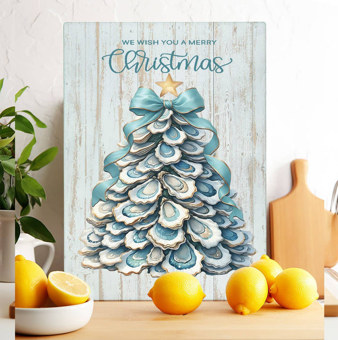 Coastal Christmas Oyster Tree Glass Cutting Board